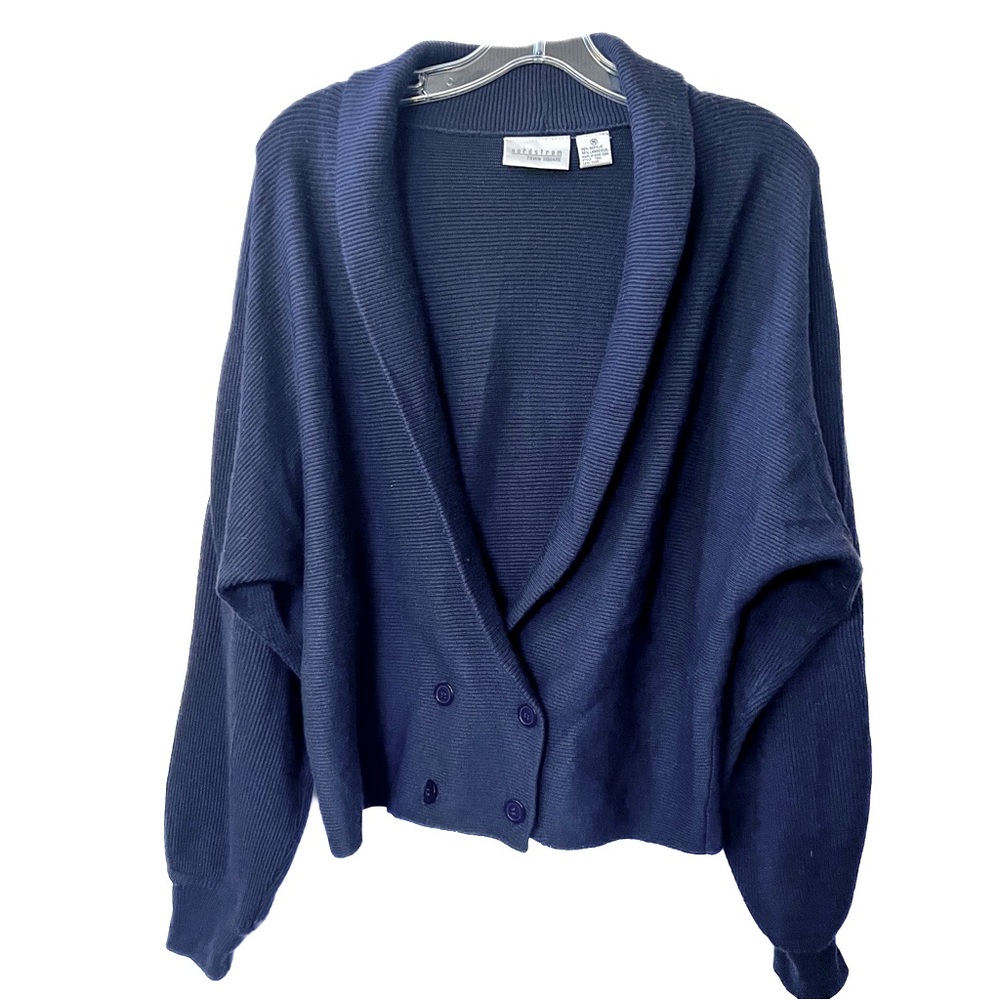 NORDSTROM Town Square Vintage Sz M Lo Cut Cardigan Sweater Navy Blue Wool Blend